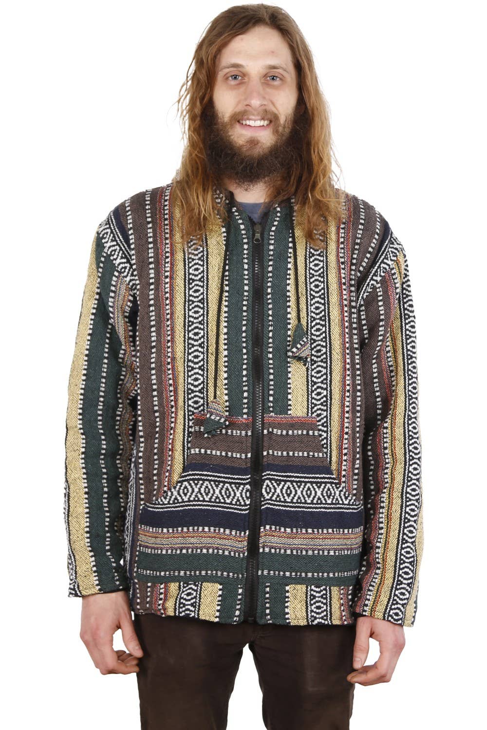 Reversible Fleece Lined Woven Baja Style Hoodie Zip Up Earth