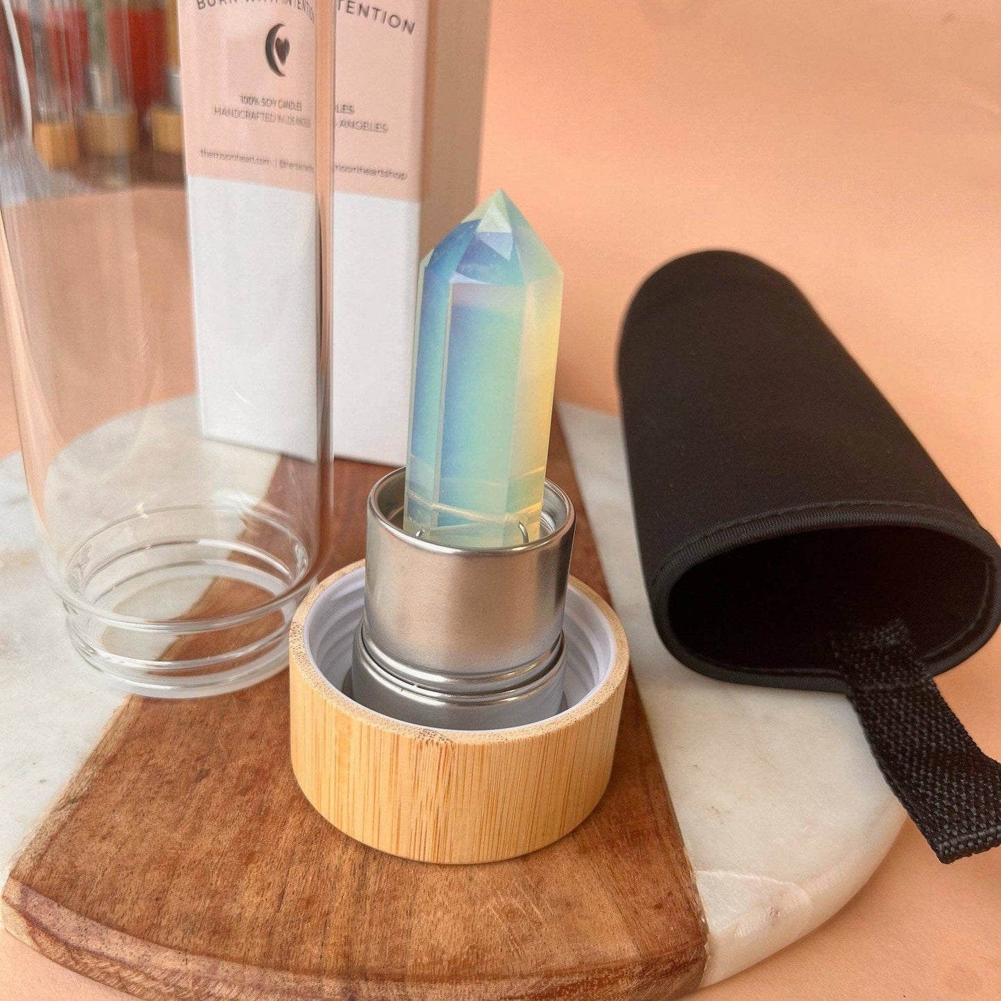 Moonstone Crystal Water Bottle with case | Crystal Infused Water | Moon Water | Glass Water bottle