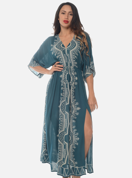 Shoreline Wear. INC - Bohemian Block Print Long Kaftan Dress