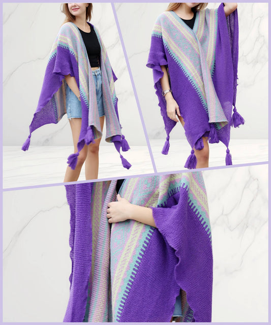 JC Sunny Fashion - Knitted Open Front Poncho with Traditional Ethnic Patterns