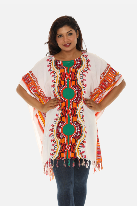 Shoreline Wear. INC - Bohemian Breeze: White Cotton Caftan with Multi-Colored Trib