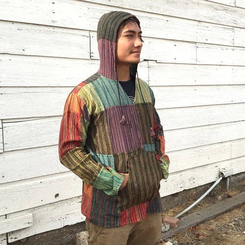 Jayli Clothing - Hippie Cotton Patchwork Hoodie With Front Pocket & Stonewash