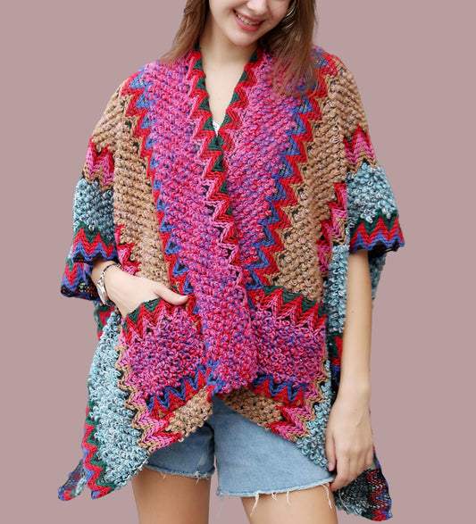JC Sunny Fashion - JC063311 Pocket Colorful Crochet Patterned Ruana