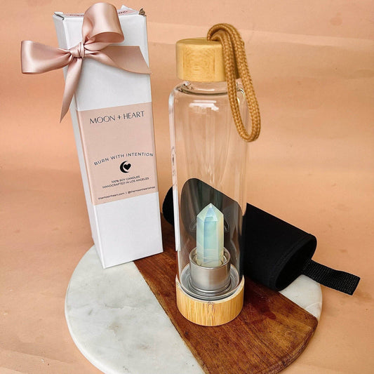 Moonstone Crystal Water Bottle with case | Crystal Infused Water | Moon Water | Glass Water bottle