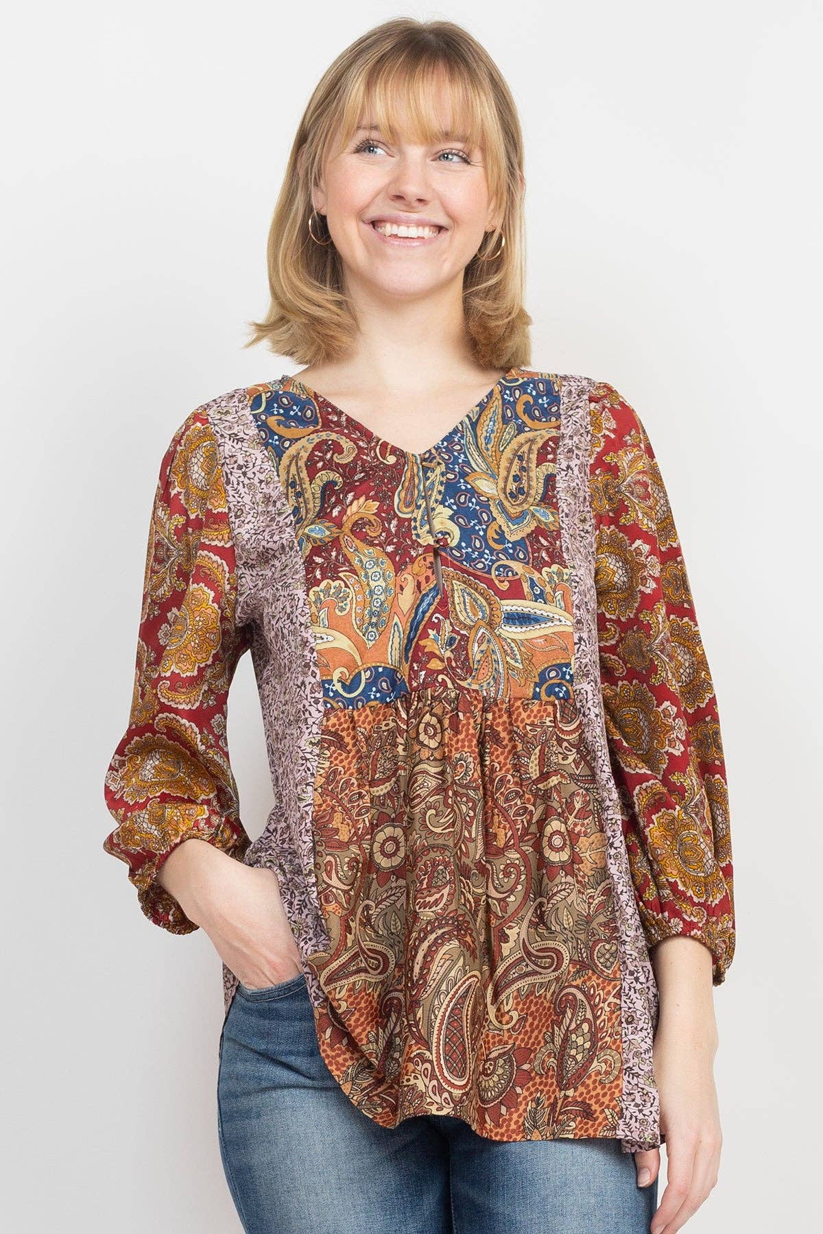 Lakhays Collection Inc. - Puffed Sleeve Patchwork Blouse