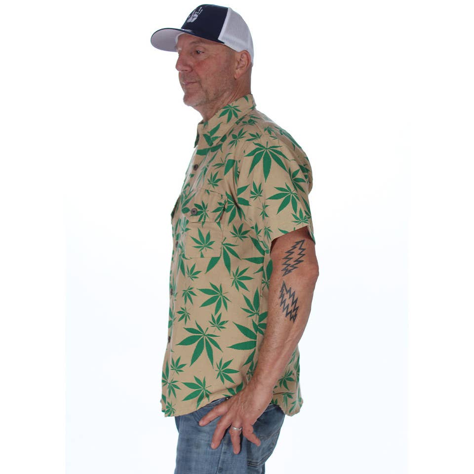 Jayli Clothing -  Short Sleeve Cotton Pot Leaf Print Shirt Hand Printed
