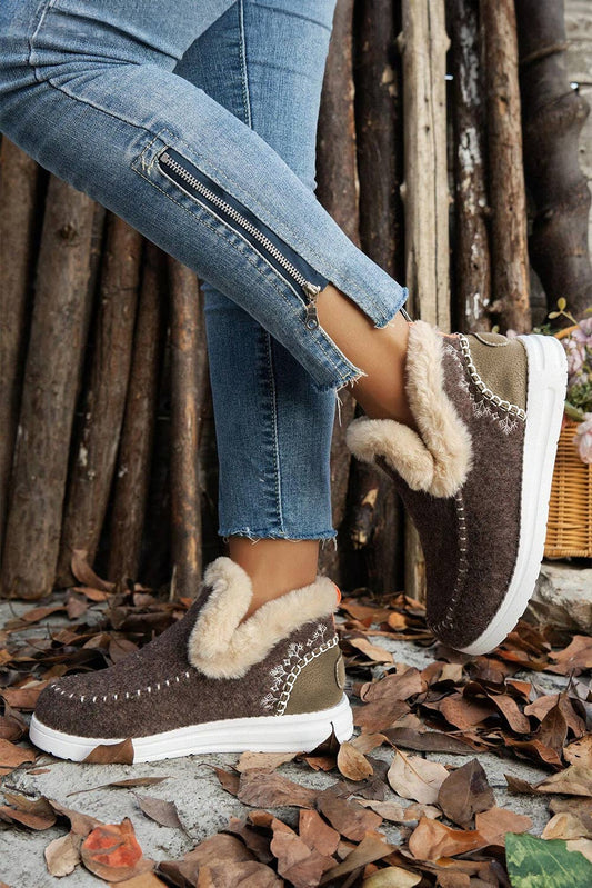 1 the Woman - Suede Stitching Patchwork Plush Lined Anklet Boots