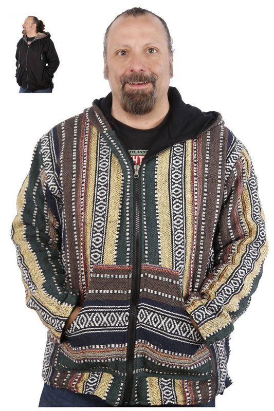 Reversible Fleece Lined Woven Baja Style Hoodie Zip Up Earth