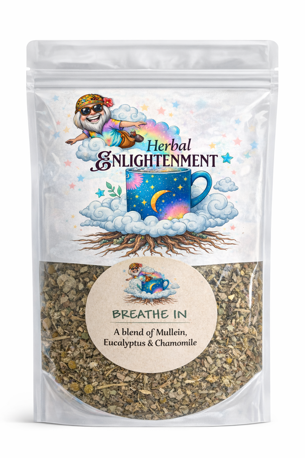 Breathe In herbal tea blend with mullein leaf, eucalyptus, and chamomile for respiratory and lung support