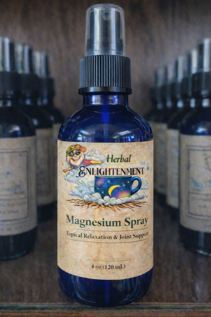 Bottle of Herbal Enlightenment Magnesium Spray with a label on a wooden surface.