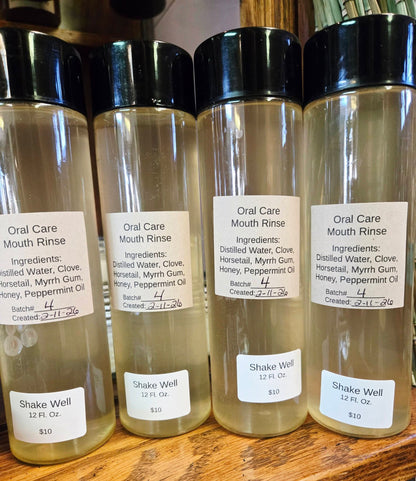 Natural herbal mouth rinse made with clove, horsetail, and myrrh for gum and oral care support.