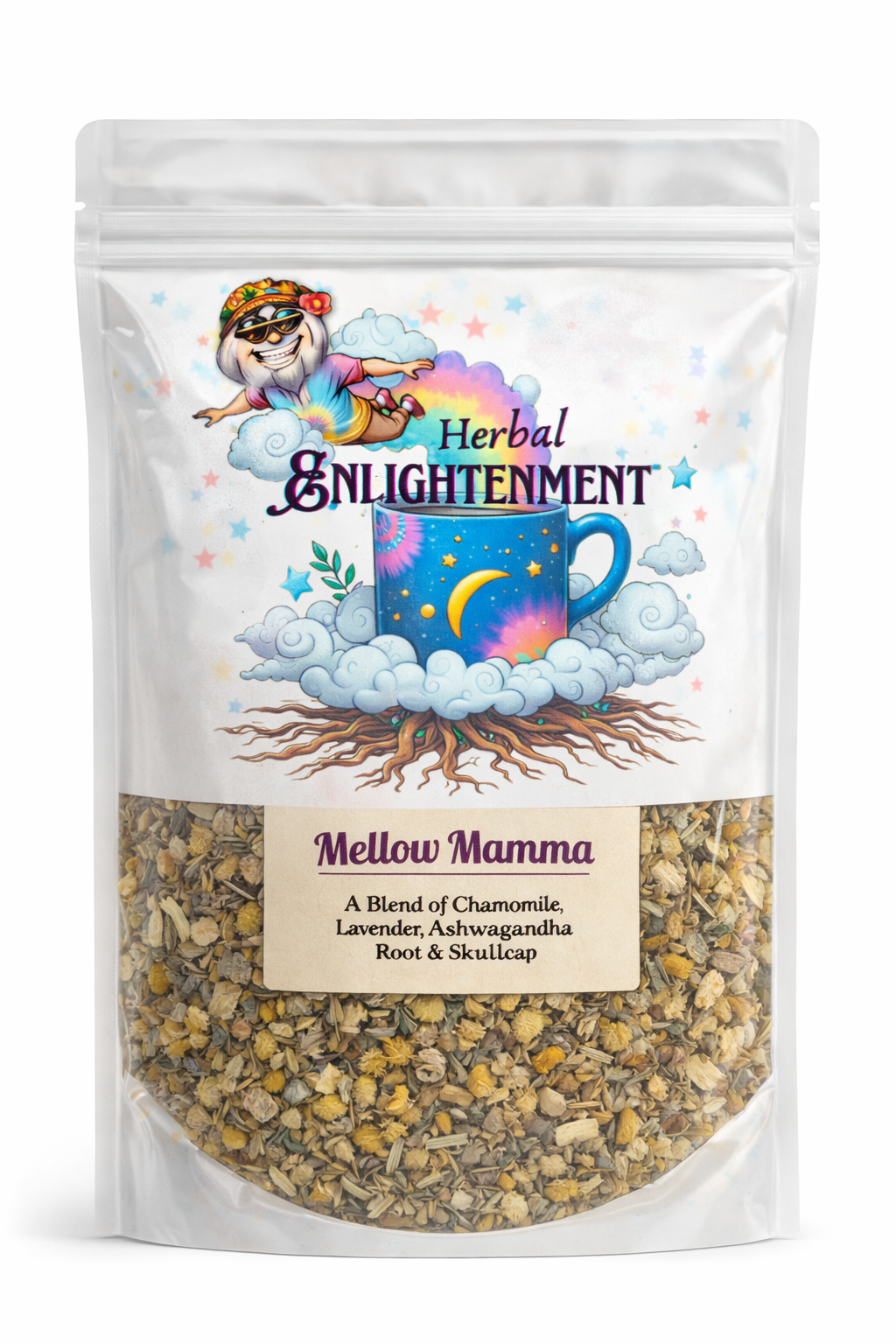 Mellow Mamma calming herbal tea blend with chamomile, lavender, ashwagandha root, and skullcap for relaxation and restful sleep