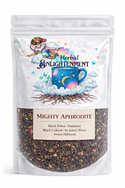 Mighty Aphrodite herbal tea blend with damiana black cohosh st johns wort hibiscus and black pekoe for sensual vitality