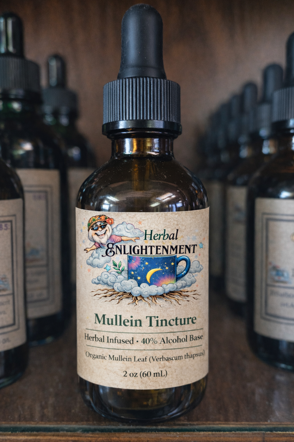 Mullein tincture herbal extract in amber dropper bottle for respiratory and lung support