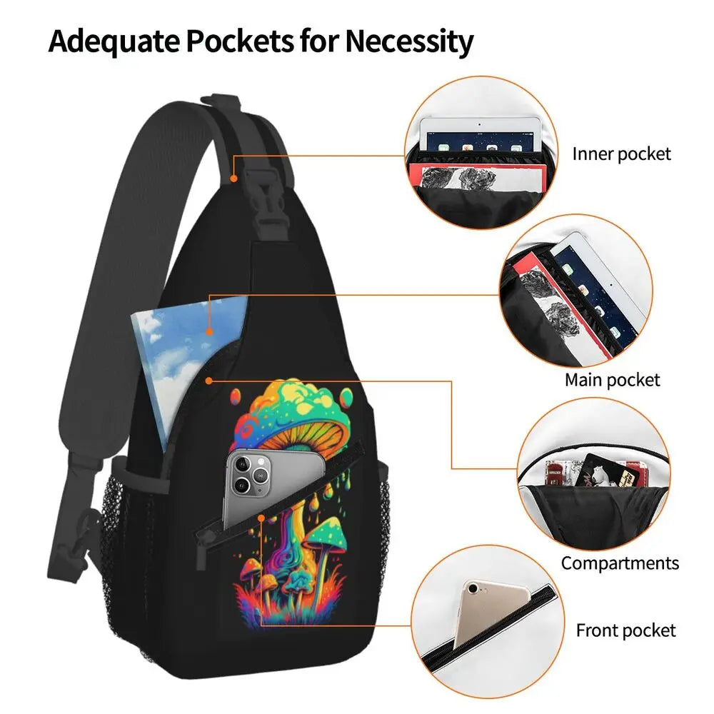 Hippie Magic Mushroom Chest Bag Men Sling Crossbody Backpack Chest Bag Travel Hiking Daypack Shoulder Bag