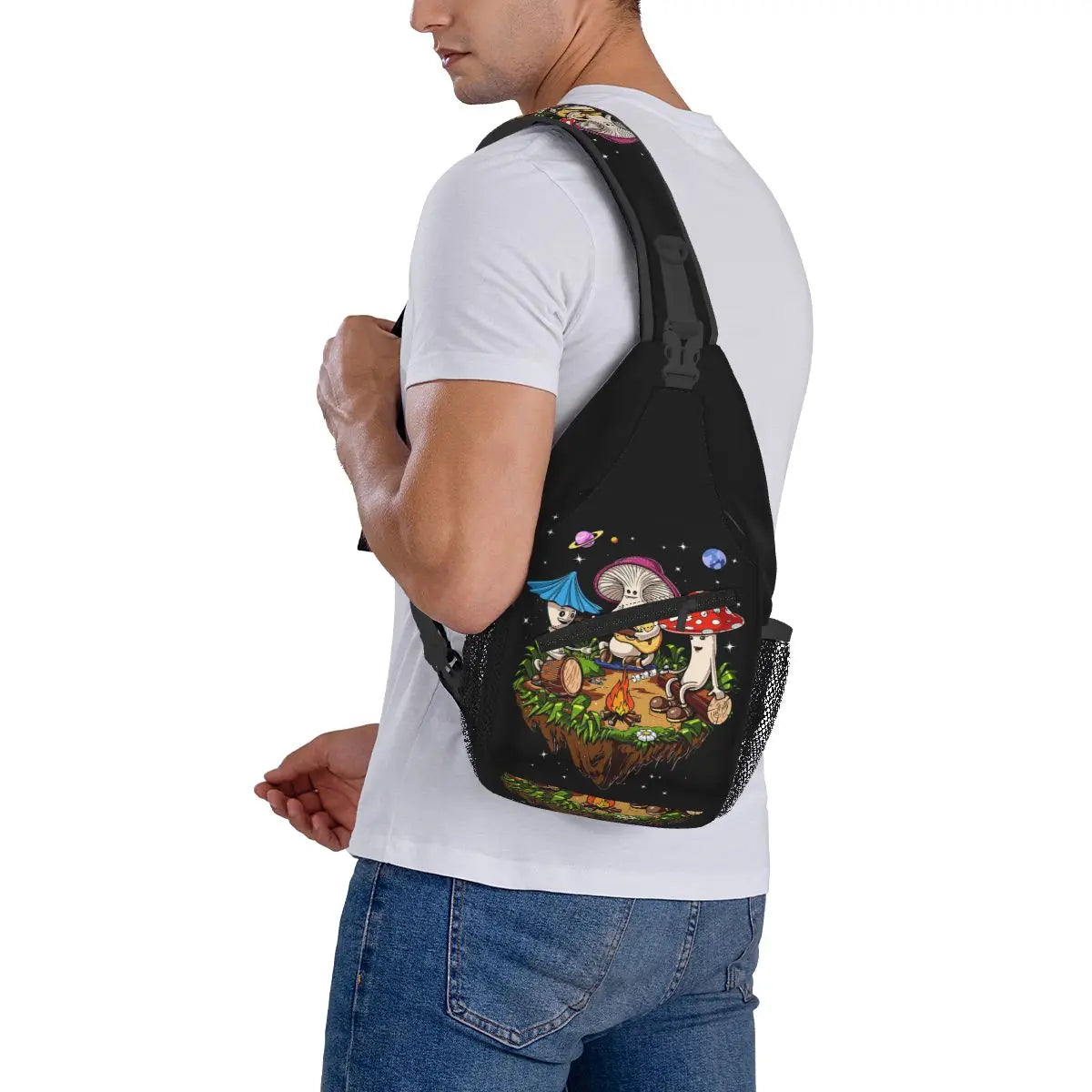 Hippie Magic Mushroom Chest Bag Men Sling Crossbody Backpack Chest Bag Travel Hiking Daypack Shoulder Bag