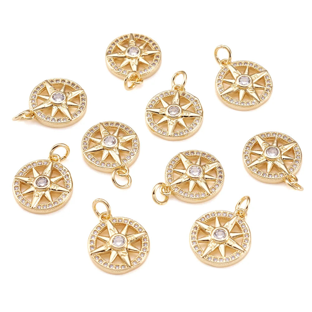 10PCS Metal Pendants with Micro Pave Cubic Zirconia and Jump Rings Compass Clear for Making DIY Jewelry Necklace Bracelet Crafts