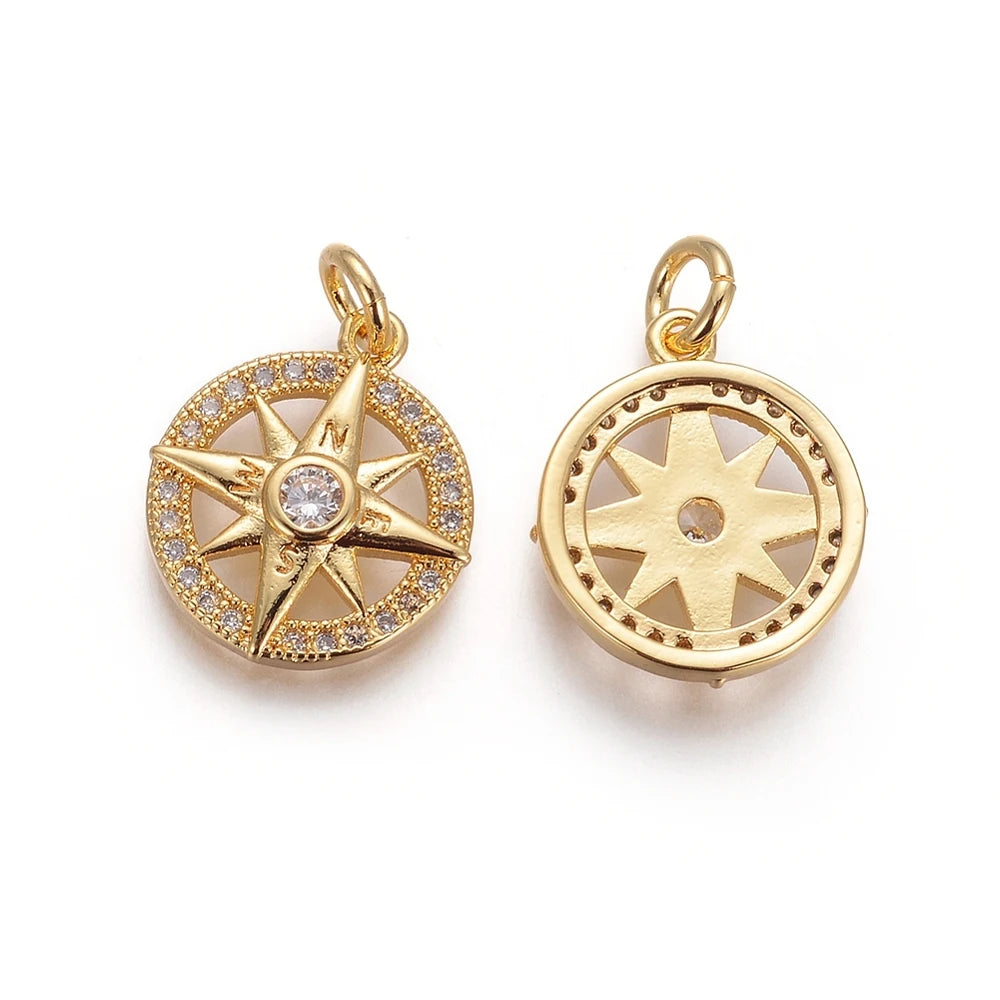 10PCS Metal Pendants with Micro Pave Cubic Zirconia and Jump Rings Compass Clear for Making DIY Jewelry Necklace Bracelet Crafts
