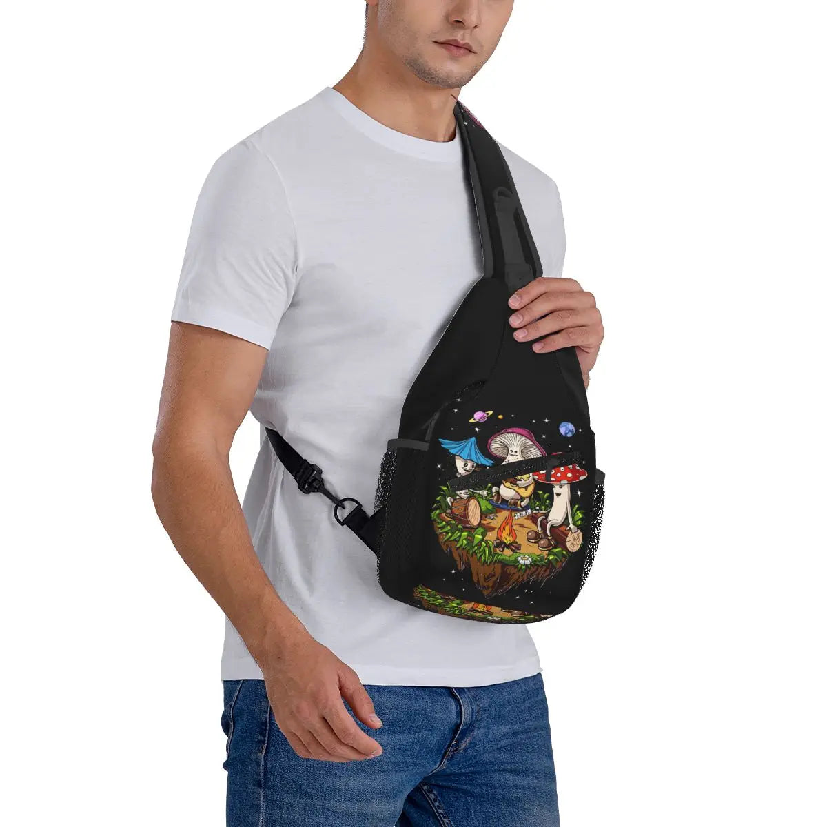 Hippie Magic Mushroom Chest Bag Men Sling Crossbody Backpack Chest Bag Travel Hiking Daypack Shoulder Bag