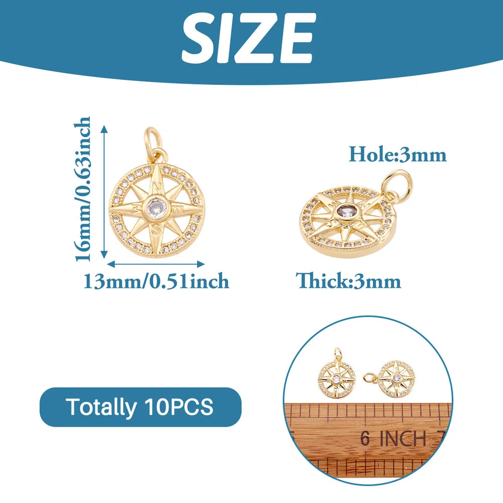 10PCS Metal Pendants with Micro Pave Cubic Zirconia and Jump Rings Compass Clear for Making DIY Jewelry Necklace Bracelet Crafts