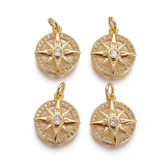 10PCS Metal Pendants with Micro Pave Cubic Zirconia and Jump Rings Compass Clear for Making DIY Jewelry Necklace Bracelet Crafts