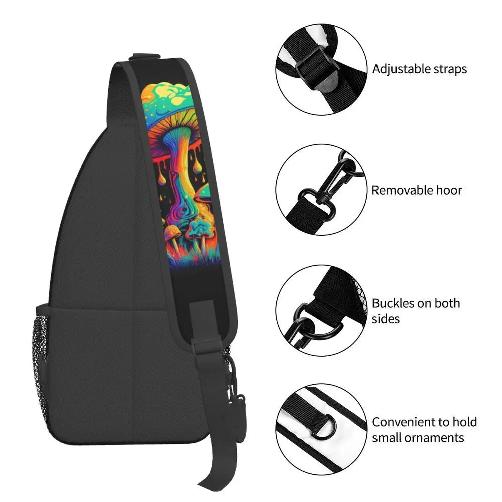 Hippie Magic Mushroom Chest Bag Men Sling Crossbody Backpack Chest Bag Travel Hiking Daypack Shoulder Bag