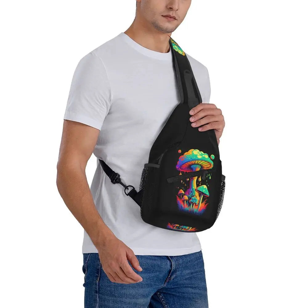 Hippie Magic Mushroom Chest Bag Men Sling Crossbody Backpack Chest Bag Travel Hiking Daypack Shoulder Bag