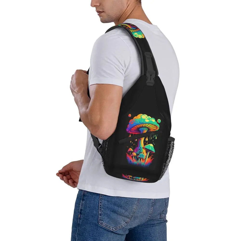 Hippie Magic Mushroom Chest Bag Men Sling Crossbody Backpack Chest Bag Travel Hiking Daypack Shoulder Bag