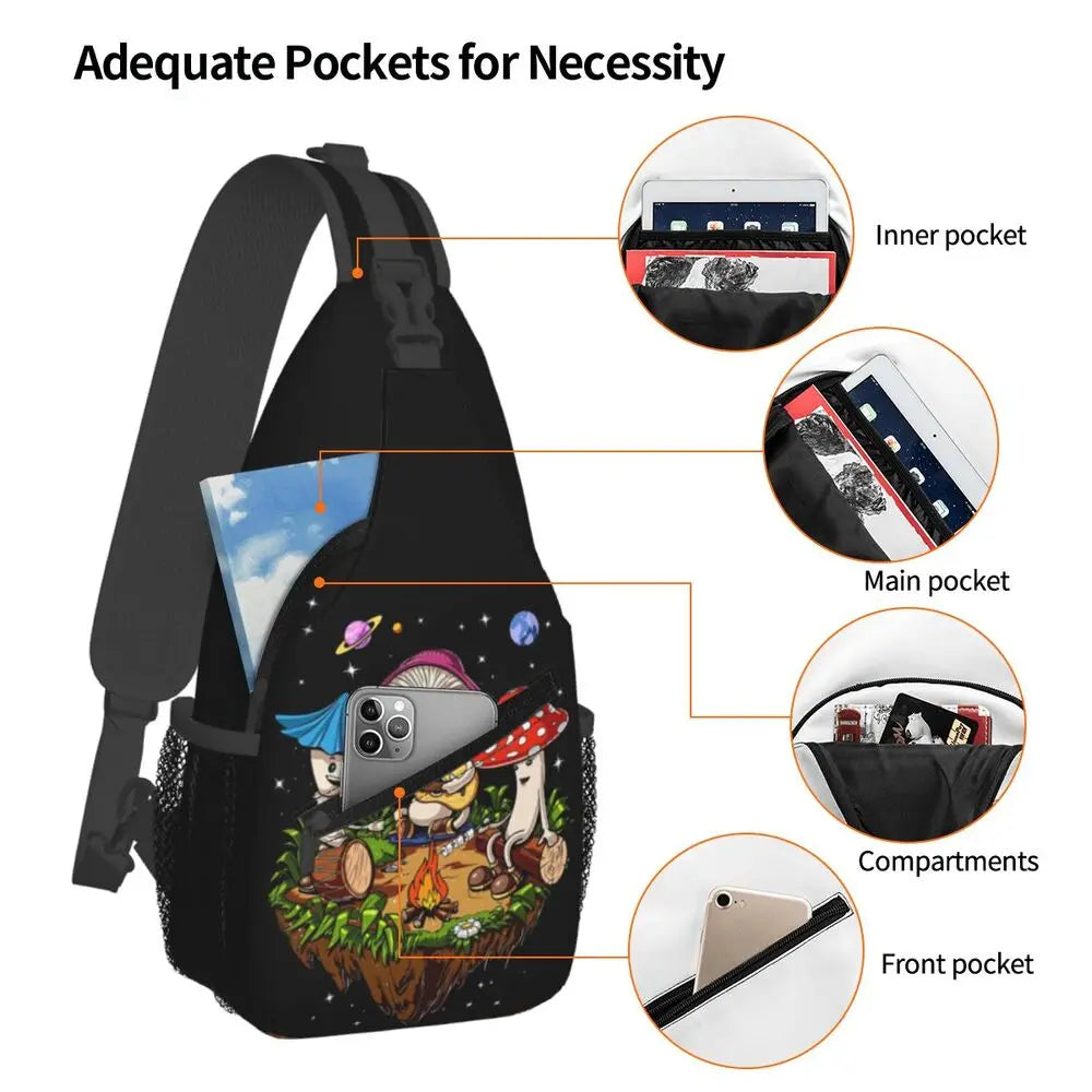 Hippie Magic Mushroom Chest Bag Men Sling Crossbody Backpack Chest Bag Travel Hiking Daypack Shoulder Bag