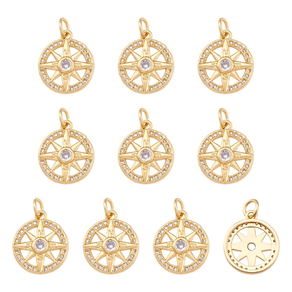 10PCS Metal Pendants with Micro Pave Cubic Zirconia and Jump Rings Compass Clear for Making DIY Jewelry Necklace Bracelet Crafts