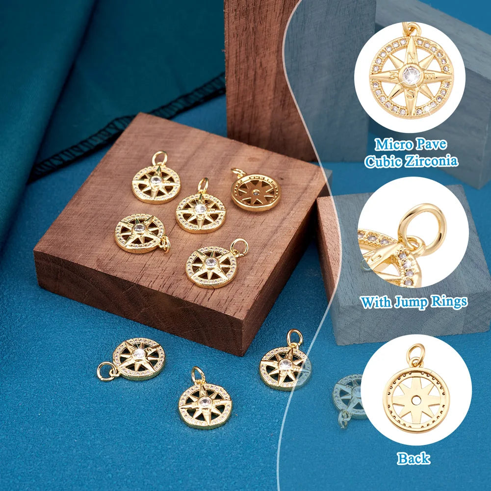 10PCS Metal Pendants with Micro Pave Cubic Zirconia and Jump Rings Compass Clear for Making DIY Jewelry Necklace Bracelet Crafts