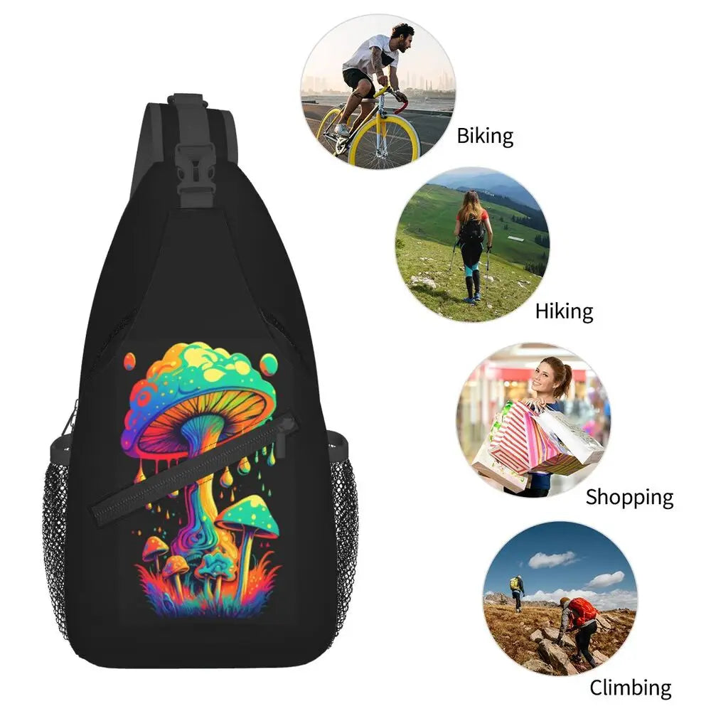 Hippie Magic Mushroom Chest Bag Men Sling Crossbody Backpack Chest Bag Travel Hiking Daypack Shoulder Bag