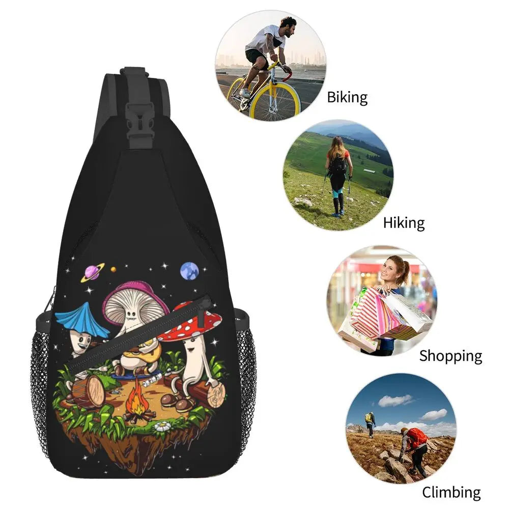 Hippie Magic Mushroom Chest Bag Men Sling Crossbody Backpack Chest Bag Travel Hiking Daypack Shoulder Bag