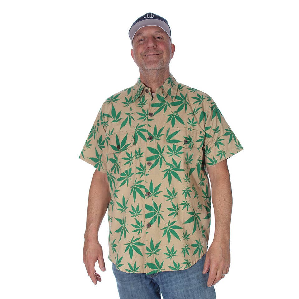 Jayli Clothing -  Short Sleeve Cotton Pot Leaf Print Shirt Hand Printed