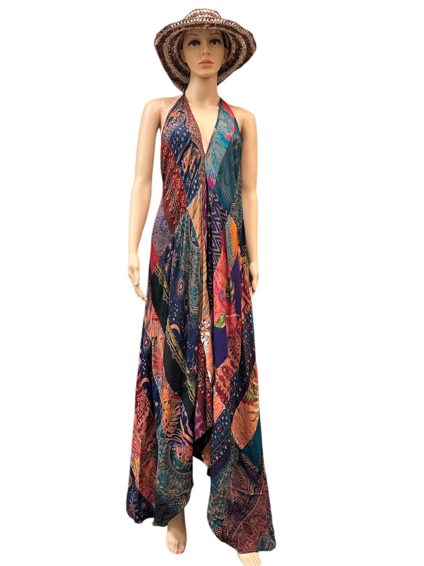 Rising International Inc - Rayon Blue Multi Patchwork Boho Sun Dress KTY504