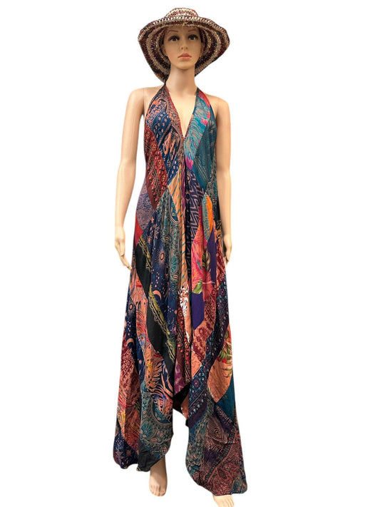 Rising International Inc - Rayon Blue Multi Patchwork Boho Sun Dress KTY504