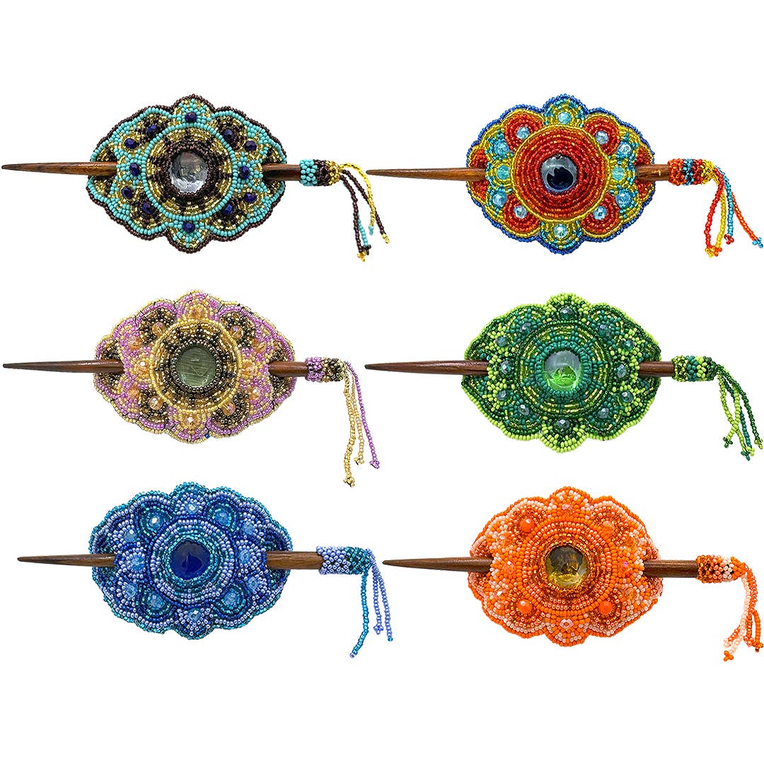 Pichincha - Large Beaded Mandala Barrette Seed Bead Fringe Hair Stick
