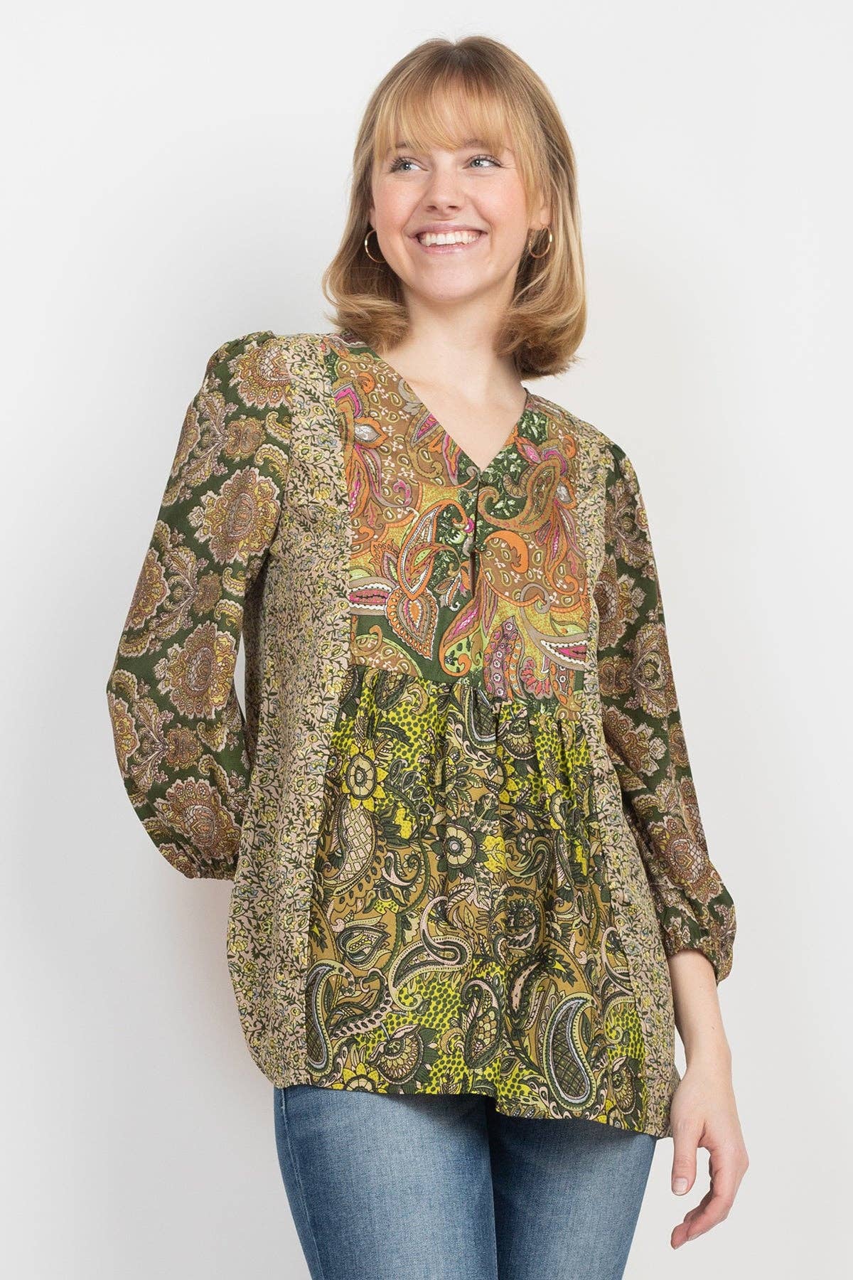 Lakhays Collection Inc. - Puffed Sleeve Patchwork Blouse