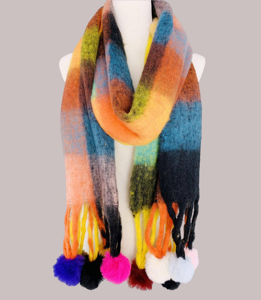 JC Sunny Fashion - JC023504 Colorful Plaid Fuzzy Pompom Scarf