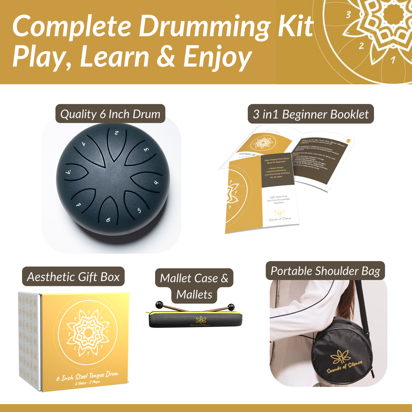 Sounds Of Silence Drums - Steel Tongue Drum, Songbook, Carry Bag, Mallets, Gift Box