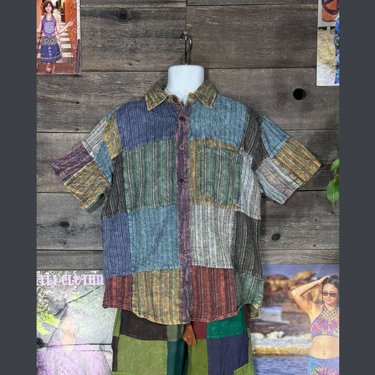 Jayli Clothing - Nepali Striped Patchwork Over dyed Cotton Hippie Shirt