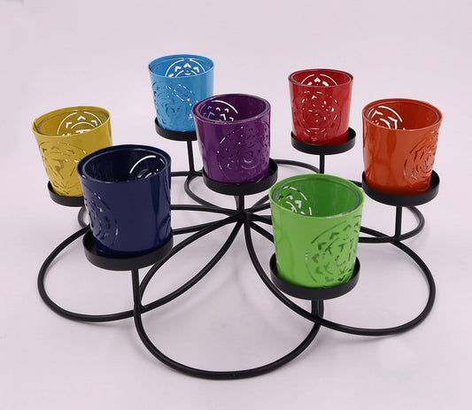 Large Round  Set of 7 Chakra Symbols Votive Tea Light Candle Holder