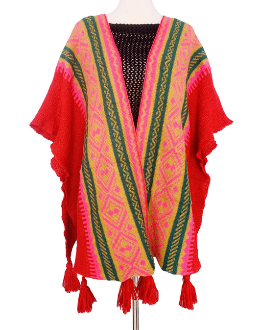 JC Sunny Fashion - Knitted Open Front Poncho with Traditional Ethnic Patterns